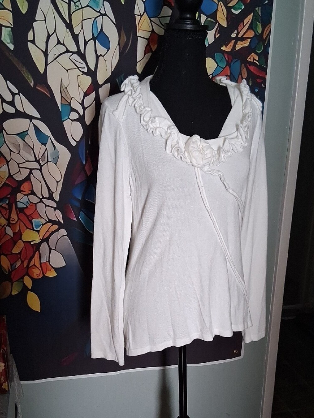Tribal White Long Sleeve Ruffle-Trim Top - Picture 3 of 11